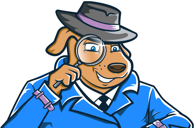 Cartoon dog detective looking through magnifying glass