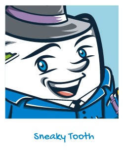 Sneaky animated tooth in disguise with bowler hat and blue jacket